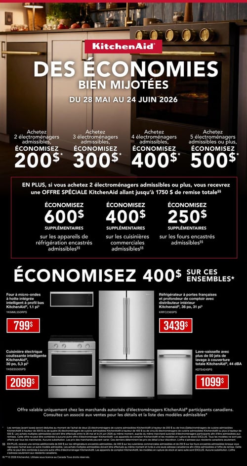 Appareils Ménagers Robert Leduc - Page 7. La page présente des "Économies bien mijotées" sur les appareils KitchenAid, valides du 28 mai au 24 juin 2026. Une offre permet d'économiser de 200 $ à 500 $ à l'achat de 2 à 5 électroménagers admissibles ou plus. Une offre spéciale KitchenAid additionnelle peut atteindre jusqu'à 1750 $ de remise totale, incluant 600 $ supplémentaires sur les appareils de réfrigération encastrés, 400 $ sur les cuisinières commerciales et 250 $ sur les fours encastrés. La page met également en avant une économie de 400 $ sur certains ensembles. Les produits individuels présentés sont : un four à micro-ondes à hotte intégrée KitchenAid, 1,1 pi³, modèle YKMML550RPS, à 799 $; un réfrigérateur à portes françaises KitchenAid de 36 po et 31 pi³, modèle KRFC236SPS, à 3439 $; une cuisinière électrique coulissante intelligente KitchenAid de 30 po et 5,3 pi³, modèle YKSES530SPS, à 2099 $; et un lave-vaisselle KitchenAid de 44 dBA, modèle KDTS424SPS, à 1099 $. L'offre est valable uniquement chez les marchands autorisés KitchenAid participants canadiens.