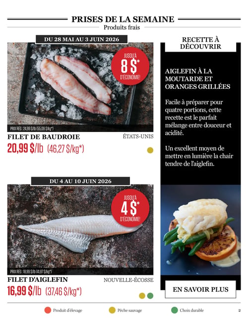 Odessa Poissonnier - Page 2. La page est intitulée "Prises de la semaine - Produits frais". La section de gauche présente deux offres de poisson distinctes, tandis que la section de droite propose une recette. Du 28 mai au 3 juin 2026, le filet de baudroie des États-Unis est offert à 20,99 $ la livre (46,27 $ le kg), avec une économie allant jusqu'à 8 $. Ce produit est identifié par un point jaune comme étant de pêche sauvage. Du 4 au 10 juin 2026, le filet d'aiglefin de Nouvelle-Écosse est à 16,99 $ la livre (37,46 $ le kg), avec une économie allant jusqu'à 4 $. Ce produit est identifié par des points jaune et vert, signifiant pêche sauvage et choix durable. La section de droite, intitulée "Recette à découvrir", propose une recette d'aiglefin à la moutarde et oranges grillées, décrite comme facile à préparer pour quatre portions, offrant un mélange de douceur et d'acidité, et mettant en lumière la chair tendre de l'aiglefin. Une image de la recette est visible. En bas de page, une légende explique les symboles colorés : rouge pour "Produit d'élevage", jaune pour "Pêche sauvage" et vert pour "Choix durable".