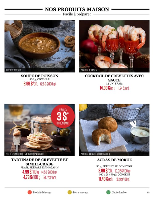 Circulaire Odessa Poissonnier - Page 10. La page est intitulée "NOS PRODUITS MAISON - Facile à préparer" et présente quatre offres. En haut à gauche, la soupe de poisson de 450 g, congelée, est à 6,99 $ l'unité (2,50 $/100 g), prix régulier 7,99 $ l'unité. En haut à droite, le cocktail de crevettes avec sauce, 12 unités, frais, est à 14,99 $ l'unité (1,24 $/unité), prix régulier 16,99 $ l'unité. En bas à gauche, la tartinade de crevette et simili-crabe, fraîche et préparée en magasin, offre jusqu'à 3 $ d'économie. Elle est disponible à 4,99 $ pour 110 g (4,53 $/100 g) ou 4,79 $ pour 100 g (21,77 $/livre). Le prix régulier est de 5,99 $ pour 110 g (5,49 $/100 g ou 24,94 $/livre). En bas à droite, les acras de morue sont offerts en deux formats : 90 g, précuits au comptoir, à 2,99 $ l'unité (3,32 $/100 g), prix régulier 3,49 $ pour 90 g. Ou en format congelé de 360 g (4 x 90 g) à 11,49 $ l'unité (3,19 $/100 g), prix régulier 13,49 $ pour 360 g. Une légende en bas de page indique les catégories : produit d'élevage (cercle rouge), pêche sauvage (cercle jaune) et choix durable (cercle vert).