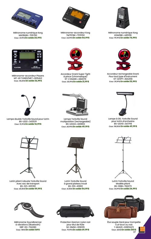 Long & McQuade Instruments de Musique - Page 37. La page présente une sélection d'accessoires musicaux. On y trouve un métronome numérique Korg MA-2BLBK à 24,99 $, un métronome-accordeur Korg TM70TBK à 54,99 $ et un métronome numérique Korg KDM3BK à 74,99 $. Ensuite, un métronome-accordeur Players MT-60 à 36,99 $, un accordeur à pince chromatique Snark Super Tight ST-2 à 21,99 $ et un accordeur rechargeable Snark ST-2/HPT pour tout type d'instrument à 25,99 $. La page continue avec une lampe double Yorkville Sound BS-LED2 pour lutrin à 14,99 $, une lampe multiposition rechargeable Yorkville Sound BS-LED24 à 49,99 $ et une lampe à DEL Yorkville Sound BS-LED10 pour lutrin d'orchestre à 49,99 $. On y voit également un lutrin pliant robuste Yorkville Sound BS-321 avec sac de transport à 59,99 $, un lutrin Yorkville Sound BS-310 à grand plateau troué à 54,99 $ et un lutrin pliant Yorkville Sound BS-108B à 24,99 $. Enfin, un métronome Soundbrenner SBP-02 à vibrations Bluetooth à 169 $, une protection Gard en nylon noir 161-DMSK pour étui de flûte à 69,99 $ et un étui souple Gard 1-MLN/K pour trompette en cuir brun ou noir à 245 $.