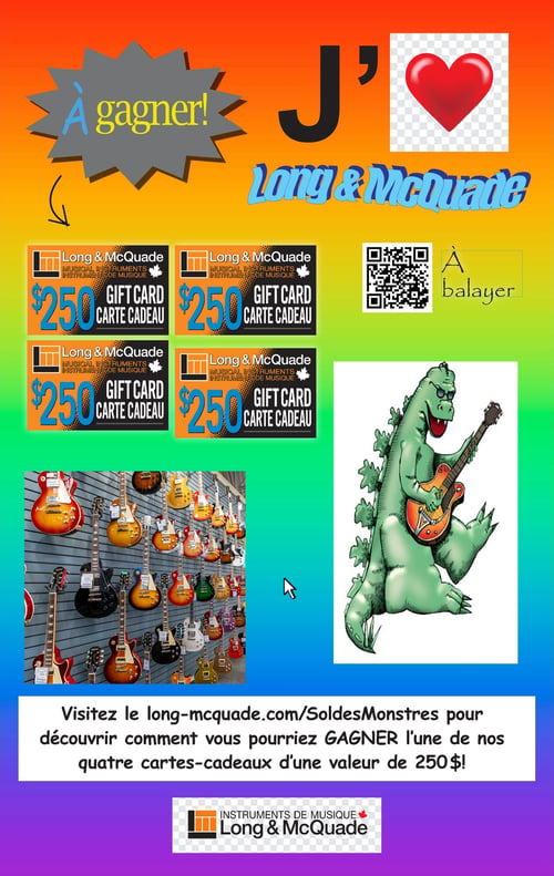 Long & McQuade Instruments de Musique - Page 39. La page annonce un concours avec le titre "À gagner!" et un grand "J'" suivi d'un cœur rouge, suggérant "J'aime Long & McQuade". Quatre cartes-cadeaux de 250 $ chacune sont présentées. Un code QR est visible avec le texte "À balayer". Une illustration montre un monstre vert de type Godzilla portant des lunettes de soleil et jouant d'une guitare électrique orange. À gauche, une photo présente un mur rempli de nombreuses guitares électriques de différentes couleurs et modèles. En bas de page, un texte invite à visiter long-mcquade.com/SoldesMonstres pour découvrir comment gagner l'une des quatre cartes-cadeaux d'une valeur de 250 $.