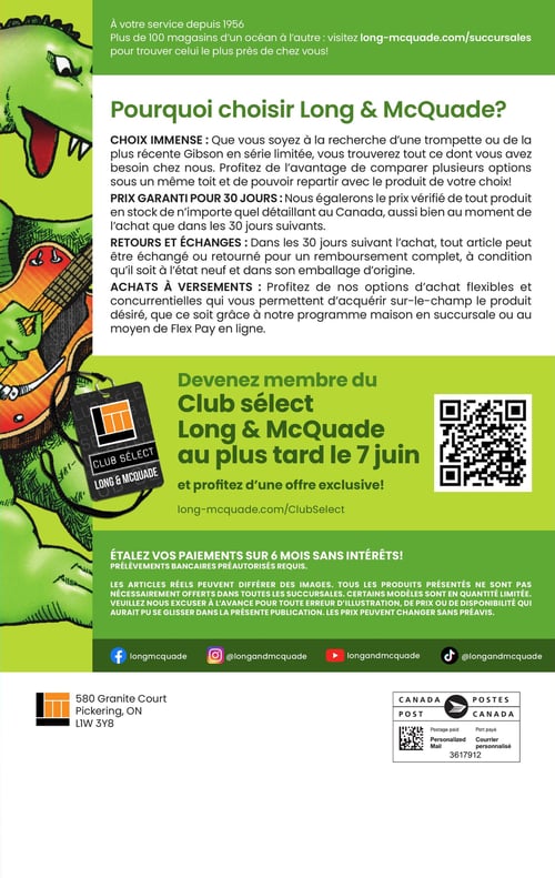 Circulaire Long & McQuade Instruments de Musique - Page 40. Cette page informative présente un grand dinosaure vert jouant de la guitare sur le côté gauche. Le texte principal, sur fond blanc, explique "Pourquoi choisir Long & McQuade?". Les avantages incluent un choix immense d'instruments, une garantie de prix de 30 jours, des retours et échanges sous 30 jours, et des achats à versements flexibles, y compris le programme Flex Pay. Une section sur fond vert invite à devenir membre du "Club sélect Long & McQuade" avant le 7 juin pour des offres exclusives, avec un code QR pour s'inscrire via long-mcquade.com/ClubSelect. Une autre section verte promeut l'étalement des paiements sur 6 mois sans intérêts, avec prélèvements bancaires préautorisés requis. Un avis légal concernant la disponibilité des produits et les erreurs d'impression est également présent. En bas, les icônes des médias sociaux (Facebook, Instagram, YouTube, TikTok) sont affichées, ainsi que l'adresse du siège social à Pickering, ON, et un timbre postal.