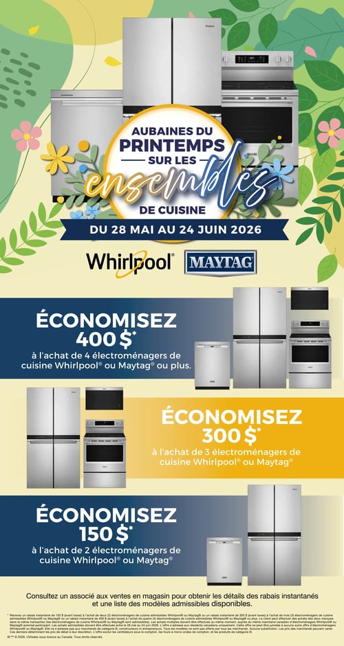 Circulaire Machabée - Page 2. La page annonce les aubaines du printemps sur les ensembles de cuisine des marques Whirlpool et Maytag, valides du 28 mai au 24 juin 2026. Le fond de la page est décoré de motifs floraux et de feuilles printanières. La première offre permet d'économiser 400 $ à l'achat de 4 électroménagers de cuisine Whirlpool ou Maytag ou plus. Une illustration montre un réfrigérateur à portes françaises, un four encastré, un lave-vaisselle et un four à micro-ondes. La deuxième offre propose d'économiser 300 $ à l'achat de 3 électroménagers de cuisine Whirlpool ou Maytag. Une illustration présente un réfrigérateur à portes françaises, une cuisinière et un lave-vaisselle. La troisième offre permet d'économiser 150 $ à l'achat de 2 électroménagers de cuisine Whirlpool ou Maytag. Une illustration montre un réfrigérateur à portes françaises et un lave-vaisselle. Un texte en bas de page invite à consulter un associé aux ventes en magasin pour obtenir les détails des rabais instantanés et une liste des modèles admissibles disponibles.