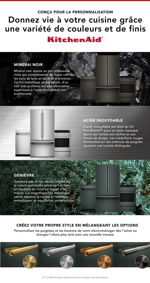 Circulaire Machabée - Page 7. Cette page met en avant la personnalisation des cuisines avec les électroménagers KitchenAid, offrant une variété de couleurs et de finis. La première section présente le fini "Minéral Noir", un noir mat profond et satiné, illustré sur un ensemble de réfrigérateur, lave-vaisselle et cuisinière. La section suivante met en vedette le fini "Acier Inoxydable" avec la technologie PrintShield™, montrant un réfrigérateur, un lave-vaisselle et une cuisinière. Les médaillons rouges sur les embouts de poignée sont mentionnés. Ensuite, le fini "Genièvre", un ton neutre inspiré de la nature, est appliqué sur un ensemble similaire d'appareils (réfrigérateur, lave-vaisselle, cuisinière). La dernière section invite à créer son propre style en mélangeant les options de poignées et de boutons. Des exemples de poignées et de boutons sont présentés en laiton, nickel satiné, cuivre et noir mat.