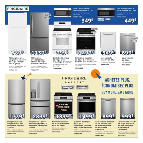 Circulaire Meubles Marchand - Page 2. La page présente une sélection d'électroménagers Frigidaire. En haut, on trouve un réfrigérateur blanc avec congélateur supérieur de 18 pi³ adapté pour le garage à 789 $, et un réfrigérateur en acier inoxydable avec congélateur inférieur de 19 pi³ à profondeur standard à 1 139 $. Deux fours à micro-ondes à hotte intégrée sont offerts : un de 1,7 pi³ à 349 $ et un de 1,8 pi³ à 449 $. Suivent une cuisinière électrique de 30 po avec technologie EvenTemp à 999 $, et une cuisinière à induction de 30 po à commandes frontales avec friture à l'air à 1 499 $. Deux lave-vaisselle encastrés de 24 po sont également présentés, l'un à 549 $ et l'autre à 699 $. Une bannière au centre indique "Achetez plus, économisez plus". La section inférieure, Frigidaire Gallery, propose un réfrigérateur en acier inoxydable avec congélateur au bas, profondeur standard, 20 pi³ à 1 739 $, et un réfrigérateur en acier inoxydable à portes françaises (4 portes) à profondeur de comptoir, 22 pi³ à 2 839 $. Deux cuisinières électriques de 30 po sont disponibles : une avec mode Pizza sur pierre à 1 899 $, et une autre à commandes frontales avec convection totale à 1 499 $. Enfin, deux lave-vaisselle encastrés de 24 po avec cuve en acier inoxydable et technologie CleanBoost sont offerts, l'un à 899 $ et l'autre à 999 $.