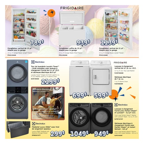 Meubles Marchand - Page 3. La page présente des électroménagers. En haut, sur un fond de boules de crème glacée, trois congélateurs Frigidaire adaptés pour le garage sont affichés. Un congélateur vertical de 13 pi³ est à 789 $. Un congélateur coffre de 15 pi³ est à 939 $. Un congélateur vertical de 21 pi³ est à 1139 $. En dessous, une section buanderie. À gauche, une tour de buanderie Electrolux, unité monobloc avec laveuse à chargement frontal de 5,1 pi³ I.E.C. et sécheuse électrique de 8 pi³, est offerte à 2199 $. Juste en dessous, un encart mentionne un surclassement gratuit : passez du blanc à la couleur à l'achat d'un modèle de la même série. Un piédestal Electrolux Luxury-Glide® avec tiroir de rangement spacieux est à 299 $. Au centre droit, une laveuse à chargement vertical Frigidaire de 4,7 pi³ I.E.C. est à 699 $, et une sécheuse électrique Frigidaire de 7 pi³ est à 599 $. À droite, un ensemble de buanderie Electrolux. Une laveuse à chargement frontal avec Perfect Steam™ et LuxCare® de 5,2 pi³ I.E.C. est à 1049 $. Une sécheuse électrique à chargement frontal avec Perfect Steam™ et Instant Refresh de 8,0 pi³ est à 949 $.