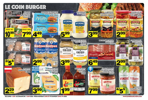 Circulaire Supermarché P.A. - Page 3. La page est intitulée "Le Coin Burger" et présente une variété de produits pour accompagner les hamburgers, valables du 1er au 7 juin 2026. On y trouve des burgers Stampede, soit de bœuf 1 kg à 10,99 $ ou de poulet 840 g à 7,99 $. Le fromage en tranches Armstrong Melts 450 g est à 4,49 $. La mayonnaise Hellmann's 890 ml est offerte à 5,99 $. Pour les accompagnements, les aubergines marinées Aurora 500 ml sont à 3,99 $ et les rondelles de piments Aurora 750 ml à 2,99 $. Des champignons Porteenies 170 g sont disponibles à 2 pour 5 $. Les pains à hamburger Gadoua 366 g sont à 2,99 $. La moutarde de Dijon Reine de Dijon 340 à 350 g est à 3,99 $. Le bacon Mère Michel 375 g est à 6,49 $. Les cornichons à l'aneth Ilios 750 ml sont à 2,99 $. Pour les fromages, l'Emmental fumé d'Autriche est à 2,29 $ les 100 g, et le fromage sans produits laitiers Nafsika's Garden (Mozzarella ou Cheddar) 200 g est à 3,99 $. La sauce piquante Valentina 370 ml est à 1,99 $. Le chou fermenté aux épices Kimchi Good Big Nice 500 ml est à 7,99 $. Enfin, les boissons gazeuses Vikos 330 ml sont à 4 pour 5 $.