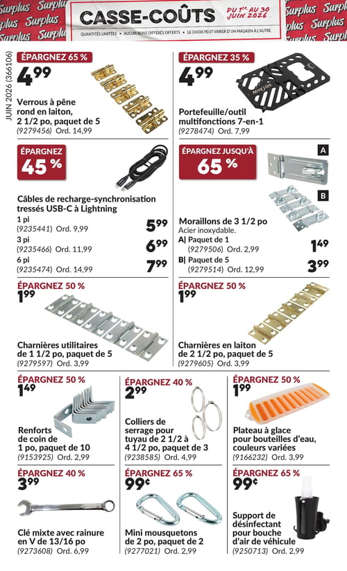 Circulaire Princess Auto - Page 3. La page présente une série d'offres sur des outils et accessoires. En haut à gauche, des verrous à pêne rond en laiton de 2 1/2 pouces, paquet de 5, sont à 4,99 $, économisez 65 %. À droite, un portefeuille/outil multifonctions 7-en-1 est à 4,99 $, économisez 35 %. Au centre gauche, des câbles de recharge-synchronisation tressés USB-C à Lightning sont offerts avec 45 % de rabais : le 1 pied à 5,99 $, le 3 pieds à 6,99 $ et le 6 pieds à 7,99 $. À droite, des moraillons de 3 1/2 pouces en acier inoxydable sont en rabais jusqu'à 65 % : le paquet de 1 à 1,49 $ et le paquet de 5 à 3,99 $. Plus bas, des charnières utilitaires de 1 1/2 pouce, paquet de 5, sont à 1,99 $, économisez 50 %. À côté, des charnières en laiton de 2 1/2 pouces, paquet de 5, sont aussi à 1,99 $, économisez 50 %. Des renforts de coin de 1 pouce, paquet de 10, sont à 1,49 $, économisez 50 %. En bas à gauche, une clé mixte avec rainure en V de 13/16 pouce est à 3,99 $, économisez 40 %. Au centre, des colliers de serrage pour tuyau de 2 1/2 à 4 1/2 pouces, paquet de 3, sont à 2,99 $, économisez 40 %. À droite, un plateau à glace pour bouteilles d'eau, couleurs variées, est à 1,99 $, économisez 50 %. Enfin, des mini mousquetons de 2 pouces, paquet de 2, sont à 0,99 $, économisez 65 %, et un support de désinfectant pour bouche d'air de véhicule est à 0,99 $, économisez 65 %.