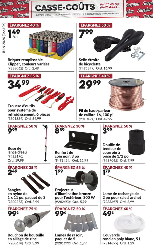 Princess Auto - Page 4. La page présente des "Casse-Coûts" valides du 1er au 30 juin 2026. On y trouve un briquet remplissable Clipper de couleurs variées à 1,49 $ l'unité (40 % de rabais). Une selle étroite de bicyclette est offerte à 7,99 $ (50 % de rabais). Une trousse d'outils de 6 pièces pour système de refroidissement est à 34,99 $ (35 % de rabais). Du fil de haut-parleur de calibre 16, 100 pieds, est disponible à 29,99 $ (40 % de rabais). Une buse de lance d'eau est à 9,99 $ (50 % de rabais). Un renfort de coin noir de 3 pouces est à 8,39 $ (30 % de rabais). Une douille de tendeur de courroie à prise de 1/2 pouce est à 3,99 $ (50 % de rabais). Des sangles en nylon de 1 x 11 pouces, en paquet de 3, sont à 2,49 $ (35 % de rabais). Un projecteur d'illumination bronze pour l'extérieur de 300 W est à 1,99 $ (65 % de rabais). Une lame de rechange de 2 pouces pour scie à archet est à 1,79 $ (40 % de rabais). Un bouchon de bouteille en alliage de zinc est à 0,99 $ (75 % de rabais). Un paquet de 5 lames de rasoir est à 0,99 $ (50 % de rabais). Enfin, un couvercle rond en poly blanc de 5 litres est à 0,49 $ (60 % de rabais).