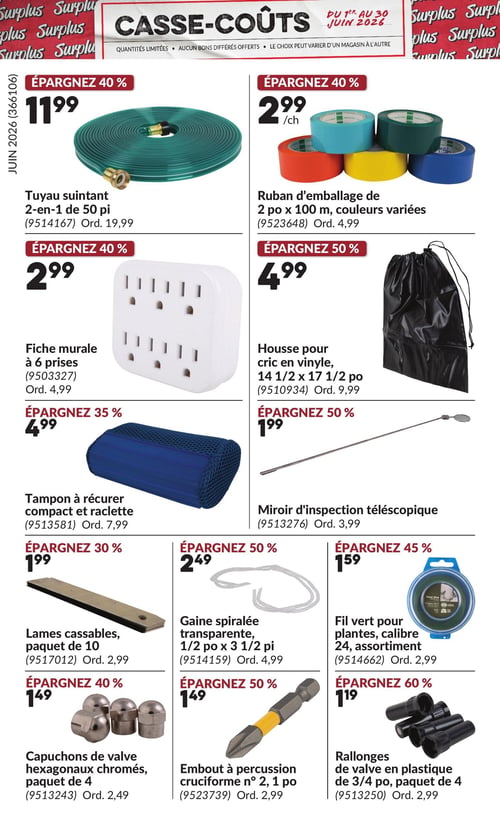 Princess Auto - Page 8. La page "Casse-Coûts" présente plusieurs articles en promotion. En haut à gauche, un tuyau suintant 2-en-1 de 50 pieds est à 11,99 $, une économie de 40 %. À sa droite, un ruban d'emballage de 2 pouces x 100 mètres en couleurs variées est à 2,99 $ chacun, avec 40 % de rabais. En dessous, une fiche murale à 6 prises est offerte à 2,99 $, soit 40 % de rabais. À côté, une housse pour cric en vinyle de 14 1/2 x 17 1/2 pouces est à 4,99 $, une économie de 50 %. Plus bas, un tampon à récurer compact et raclette est à 4,99 $, avec 35 % de rabais. À sa droite, un miroir d'inspection télescopique est à 1,99 $, une économie de 50 %. Ensuite, des lames cassables en paquet de 10 sont à 1,99 $, soit 30 % de rabais. Au centre, une gaine spiralée transparente de 1/2 pouce x 3 1/2 pieds est à 2,49 $, une économie de 50 %. À droite, un fil vert pour plantes, calibre 24, assortiment, est à 1,59 $, une économie de 45 %. Enfin, des capuchons de valve hexagonaux chromés en paquet de 4 sont à 1,49 $, une économie de 40 %. Au centre, un embout à percussion cruciforme numéro 2, 1 pouce, est à 1,49 $, une économie de 50 %. À droite, des rallonges de valve en plastique de 3/4 pouce, paquet de 4, sont à 1,19 $, une économie de 60 %.