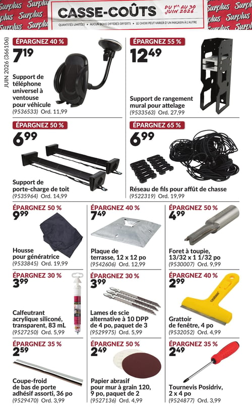 Circulaire Princess Auto - Page 9. Offres Casse-Coûts valides du 1er au 30 juin 2026. Quantités limitées, aucun bon différé offert, et le choix peut varier d'un magasin à l'autre. La page présente des rabais sur divers accessoires et outils. En haut à gauche, un support de téléphone universel à ventouse pour véhicule est à 7,19 $, une économie de 40 % sur le prix régulier de 11,99 $. À sa droite, un support de rangement mural pour attelage est offert à 12,49 $, soit 55 % de rabais sur 27,99 $. Plus bas, un support de porte-charge de toit est à 6,99 $, une réduction de 50 % sur 14,99 $. À côté, un réseau de fils pour affût de chasse est à 6,99 $, avec 65 % d'économie sur 19,99 $. La section suivante propose une housse pour génératrice à 9,99 $, une économie de 50 % sur 19,99 $. À côté, une plaque de terrasse de 12 x 12 pouces est à 7,49 $, soit 40 % de rabais sur 12,99 $. Puis, un foret à toupie de 13/32 x 1 1/32 pouces est à 4,99 $, une réduction de 50 % sur 9,99 $. Ensuite, un calfeutrant acrylique siliconé transparent de 83 millilitres est à 3,99 $, une économie de 30 % sur 5,99 $. À sa droite, un paquet de 3 lames de scie alternative à 10 DPP de 4 pouces est à 3,99 $, soit 30 % de rabais sur 5,99 $. Un grattoir de fenêtre de 4 pouces est à 2,99 $, une économie de 40 % sur 4,99 $. Enfin, un coupe-froid de bas de porte adhésif assorti de 36 pouces est à 2,59 $, une réduction de 35 % sur 3,99 $. Un paquet de 2 papiers abrasifs pour mur à grain 120 de 9 pouces est à 2,49 $, soit 50 % de rabais sur 4,99 $. Et un tournevis Posidriv de 2 x 4 pouces est à 2,49 $, une économie de 35 % sur 3,99 $.