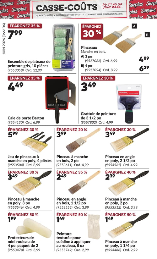 Princess Auto - Page 12. La page "Casse-Coûts" présente des articles de peinture et quincaillerie. En haut à gauche, un ensemble de plateaux de peinture gris de 10 pièces est à 7,99 $, une économie de 35 % sur le prix ordinaire de 12,99 $. À droite, des pinceaux à manche en bois sont offerts avec 30 % de rabais : le 3 pouces à 4,89 $ (ordinaire 6,99 $) et le 4 pouces à 6,29 $ (ordinaire 8,99 $). Au centre gauche, une cale de porte Barton est à 4,49 $, soit 35 % de rabais sur 6,99 $. Au centre droit, un grattoir de peinture de 3 1/2 pouces est à 3,49 $, une économie de 30 % sur 4,99 $. La partie inférieure de la page propose plusieurs pinceaux et accessoires : un jeu de pinceaux à manche en poly de 4 pièces à 5,99 $ (30 % de rabais), un pinceau à manche en bois de 2 pouces à 3,99 $ (20 % de rabais), un pinceau en angle en poly de 2 1/2 pouces à 3,49 $ (30 % de rabais), un pinceau à manche en poly de 3 pouces à 3,49 $ (30 % de rabais), un pinceau en angle en bois de 1 1/2 pouce à 2,49 $ (35 % de rabais), un pinceau à manche en poly de 2 pouces à 2,39 $ (40 % de rabais), un paquet de 2 protecteurs de mini rouleau de 4 pouces à 1,99 $ (50 % de rabais), de la peinture texturée pour suédine à appliquer au rouleau de 8 onces à 1,49 $ (50 % de rabais), et un pinceau à manche en poly de 1 1/4 pouce à 1,49 $ (50 % de rabais).