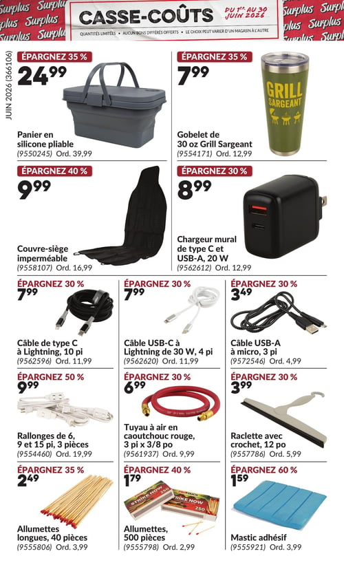 Princess Auto - Page 13. La page est intitulée "Casse-Coûts". On y trouve un panier en silicone pliable à 24,99 $ (régulier 39,99 $), économisez 35 %. Un gobelet Grill Sargeant de 30 onces est à 7,99 $ (régulier 12,99 $), économisez 35 %. Un couvre-siège imperméable est offert à 9,99 $ (régulier 16,99 $), économisez 40 %. Un chargeur mural de type C et USB-A de 20 watts est à 8,99 $ (régulier 12,99 $), économisez 30 %. Un câble de type C à Lightning de 10 pieds est à 7,99 $ (régulier 11,99 $), économisez 30 %. Un câble USB-C à Lightning de 30 watts et 4 pieds est à 7,99 $ (régulier 11,99 $), économisez 30 %. Un câble USB-A à micro de 3 pieds est à 3,49 $ (régulier 4,99 $), économisez 30 %. Un ensemble de 3 rallonges de 6, 9 et 15 pieds est à 9,99 $ (régulier 19,99 $), économisez 50 %. Un tuyau à air en caoutchouc rouge de 3 pieds x 3/8 pouce est à 6,99 $ (régulier 9,99 $), économisez 30 %. Une raclette avec crochet de 12 pouces est à 3,99 $ (régulier 5,99 $), économisez 30 %. Des allumettes longues de 40 pièces sont à 2,49 $ (régulier 3,99 $), économisez 35 %. Des allumettes de 500 pièces sont à 1,79 $ (régulier 2,99 $), économisez 40 %. Enfin, du mastic adhésif est à 1,59 $ (régulier 3,99 $), économisez 60 %.