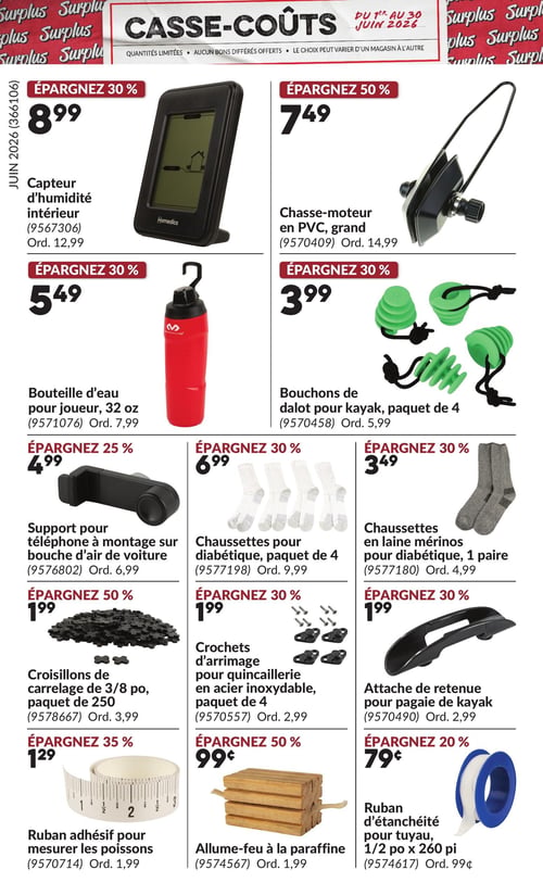 Princess Auto - Page 16. La page est intitulée "Casse-Coûts" et présente des offres valides du 1er au 30 juin 2026. On y trouve un capteur d'humidité intérieur Homedics à 8,99 $ (rég. 12,99 $), un chasse-moteur en PVC grand format à 7,49 $ (rég. 14,99 $), une bouteille d'eau de 32 onces pour joueur à 5,49 $ (rég. 7,99 $), et un paquet de 4 bouchons de dalot pour kayak à 3,99 $ (rég. 5,99 $). Également offerts : un support de téléphone pour bouche d'air de voiture à 4,99 $ (rég. 6,99 $), un paquet de 4 chaussettes pour diabétique à 6,99 $ (rég. 9,99 $), et une paire de chaussettes en laine mérinos pour diabétique à 3,49 $ (rég. 4,99 $). Pour les projets, des croisillons de carrelage de 3/8 pouce en paquet de 250 sont à 1,99 $ (rég. 3,99 $), des crochets d'arrimage en acier inoxydable pour quincaillerie en paquet de 4 à 1,99 $ (rég. 2,99 $), et une attache de retenue pour pagaie de kayak à 1,99 $ (rég. 2,99 $). Enfin, un ruban adhésif pour mesurer les poissons est à 1,29 $ (rég. 1,99 $), des allume-feu à la paraffine à 0,99 $ (rég. 1,99 $), et un ruban d'étanchéité pour tuyau de 1/2 pouce x 260 pieds à 0,79 $ (rég. 0,99 $).