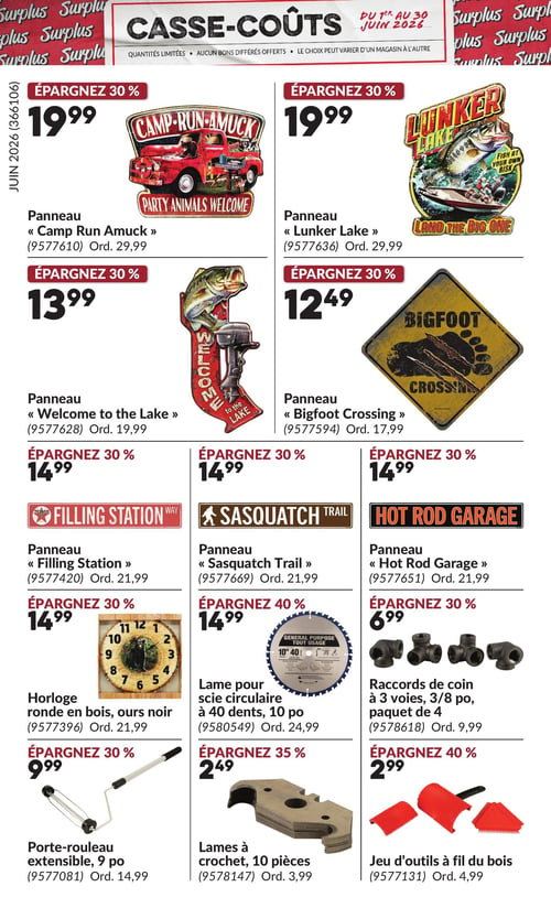 Princess Auto - Page 17. La page présente une sélection d'articles en promotion. En haut à gauche, un panneau décoratif "Camp Run Amuck" est à 19,99 $, une économie de 30 %. À sa droite, un panneau "Lunker Lake" est également à 19,99 $, avec 30 % de rabais. En dessous, un panneau "Welcome to the Lake" est offert à 13,99 $, une économie de 30 %. À sa droite, un panneau "Bigfoot Crossing" est à 12,49 $, avec 30 % de rabais. La rangée suivante propose trois panneaux à 14,99 $ chacun, avec 30 % de rabais : un panneau "Filling Station", un panneau "Sasquatch Trail" et un panneau "Hot Rod Garage". En bas à gauche, une horloge ronde en bois avec un ours noir est à 14,99 $, une économie de 30 %. Au centre, une lame pour scie circulaire de 10 pouces à 40 dents est à 14,99 $, avec 40 % de rabais. À droite, un paquet de quatre raccords de coin à 3 voies de 3/8 pouce est à 6,99 $, une économie de 30 %. Enfin, la dernière rangée inclut un porte-rouleau extensible de 9 pouces à 9,99 $, une économie de 30 %. Au centre, un paquet de 10 lames à crochet est à 2,49 $, avec 35 % de rabais. À droite, un jeu d'outils à fil du bois est à 2,99 $, avec 40 % de rabais.