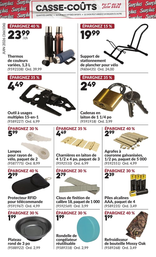 Princess Auto - Page 20. La page est intitulée "Casse-Coûts" et indique la validité du 1er au 30 juin 2026, avec des mentions de quantités limitées et de choix pouvant varier d'un magasin à l'autre. En haut à gauche, des thermos de couleurs variées de 1,3 L sont offerts à 23,99 $ chacun, une économie de 40 % sur le prix régulier de 39,99 $. À droite, un support de stationnement de plancher pour vélo est à 19,99 $, soit 15 % de rabais sur 24,00 $. Au centre gauche, un outil à usages multiples 15-en-1 est à 4,49 $, une économie de 35 % sur 6,99 $. Au centre droit, un cadenas en laiton de 1 1/4 pouce est à 2,49 $, avec 35 % de rabais sur 3,99 $. La partie inférieure de la page présente trois colonnes d'articles. Dans la première colonne, des lampes pour rayon de vélo en paquet de 2 sont à 5,99 $ (30 % de rabais sur 8,99 $), un protecteur RFID pour télécommande est à 2,99 $ (40 % de rabais sur 4,99 $), et un plateau rond de 3 pouces est à 1,99 $ (30 % de rabais sur 2,99 $). La deuxième colonne propose des charnières en laiton de 4 1/2 x 4 pouces en paquet de 3 à 4,49 $ (35 % de rabais sur 6,99 $), des clous de finition de calibre 18 en paquet de 1 000 à 2,79 $ (30 % de rabais sur 3,99 $), et une rondelle de congélateur réutilisable à 1,99 $ (30 % de rabais sur 2,99 $). La troisième colonne inclut des agrafes à couronne galvanisées de 1/2 pouce en paquet de 5 000 à 2,99 $ (40 % de rabais sur 4,99 $), des piles alcalines AAA en paquet de 4 à 2,39 $ (30 % de rabais sur 3,49 $), et un refroidisseur de bouteille Mossy Oak à 1,99 $ (40 % de rabais sur 3,49 $).
