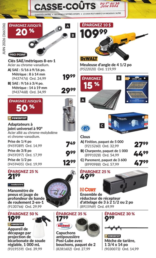 Princess Auto - Page 21. La page est intitulée "Casse-Coûts" et indique des offres valides du 1er au 30 juin 2026, avec des quantités limitées. En haut à gauche, des clés SAE/métriques 8-en-1 Pro Point en acier au chrome-vanadium sont offertes : le modèle A (SAE 5/16 à 9/16 po, métrique 8 à 14 mm) est à 19,99 $ (rég. 24,99 $), et le modèle B (SAE 9/16 à 3/4 po, métrique 14 à 19 mm) est à 29,99 $ (rég. 34,99 $), permettant d'économiser jusqu'à 20 %. À droite, une meuleuse d'angle Dewalt de 4 1/2 po est à 109,99 $ (rég. 119,99 $), soit une économie de 10 $. Au centre gauche, des adaptateurs à joint universel à 90° Powerfist en acier allié au chrome-molybdène et chrome-vanadium sont en promotion avec jusqu'à 50 % de rabais : la prise de 1/4 po est à 7,49 $ (rég. 14,99 $), la prise de 3/8 po à 9,99 $ (rég. 17,99 $) et la prise de 1/2 po à 12,99 $ (rég. 19,99 $). Au centre droit, des clous Ca sont offerts avec 15 % de rabais : les clous de finition (paquet de 5 000) sont à 27,99 $ (rég. 32,99 $), les clous de charpente (paquet de 1 000) à 44,99 $ (rég. 54,99 $) et les clous de parement (paquet de 3 600) à 47,99 $ (rég. 57,99 $). En bas à gauche, un manomètre de pneus et jauge de profondeur de bande de roulement 2-en-1 Industro est à 21,99 $ (rég. 29,99 $), une économie de 25 %. Juste en dessous, un appareil de décapage par projection de bicarbonate de soude réglable Powerfist de 1 000 mL est à 19,99 $ (rég. 39,99 $), soit 50 % de rabais. Au centre en bas, un ensemble de réducteur de récepteur d'attelage Curt de 3 à 2 1/2 ou 2 po est à 49,99 $ (rég. 69,99 $), une économie de 25 %. En dessous, des capuchons antipoussière Posi-Lube Rockwell American avec bouchons (paquet de 2) sont à 17,99 $ (rég. 27,99 $), soit 35 % de rabais. Enfin, en bas à droite, une mèche de tarière Powerfist de 1 3/4 x 14 po est à 9,99 $ (rég. 14,99 $), une économie de 30 %.