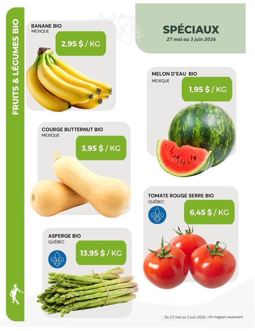 Circulaire La Moisson Supermarché Santé - Page 2. Cette page est dédiée aux spéciaux sur les fruits et légumes biologiques, valides du 27 mai au 3 juin 2026, en magasin seulement. La section "Fruits & Légumes Bio" présente : des bananes bio du Mexique à 2,95 $ le kilo, des courges butternut bio du Mexique à 3,95 $ le kilo, et des asperges bio du Québec à 13,95 $ le kilo. Sur la droite, on trouve le melon d'eau bio du Mexique à 1,95 $ le kilo et les tomates rouges de serre bio du Québec à 6,45 $ le kilo.