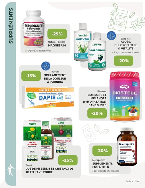 Circulaire La Moisson Supermarché Santé - Page 5. La page est dédiée aux suppléments. En haut à gauche, 25 % de rabais sur les produits sélectionnés Natural Factors Magnésium, montrant une bouteille de Magnésium Bisglycinate 200 mg, 120 capsules végétariennes. En haut à droite, 20 % de rabais sur les produits sélectionnés Land Art Aloès, Chlorophylle et Vitalité, avec des bouteilles d'Aloe Vera 500 ml et de Chlorophylle 500 ml. Au centre gauche, 15 % de rabais sur les produits Boiron pour le soulagement de la douleur à l'Arnica, illustré par un tube de Dapis Gel pour piqûres d'insectes de 40 g. Au centre droit, 20 % de rabais sur les boissons et mélanges d'hydratation sans sucre Biosteel, montrant un contenant de Biosteel Hydration Mix de 315 g, saveur "Rainbow Twist", offrant 45 portions. En bas à gauche, 25 % de rabais sur les produits Salus Jus de pissenlit et Cristaux de betterave rouge, avec une bouteille de jus de pissenlit biologique de 200 ml et un paquet de cristaux solubles de betterave rouge biologique de 200 g. En bas à droite, 20 % de rabais sur les suppléments essentiels Metagenics, montrant une bouteille de Magnesium Glycinate de 120 comprimés pour la santé musculaire.