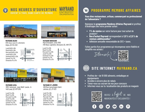 Mayrand Entrepôt D'alimentation - Page 6. Cette page informative présente les heures d'ouverture et les emplacements des quatre succursales Mayrand, ainsi que les détails des programmes et services offerts. La section de gauche, sur fond jaune, détaille les succursales :
- Mayrand Anjou (9701, boul. Louis-H.-LaFontaine, Anjou, QC H1J 2A3) est ouverte du lundi au mercredi de 6h30 à 18h, les jeudis et vendredis de 6h30 à 20h, et les samedis et dimanches de 7h à 17h. Une carte routière est incluse.
- Les succursales de Mayrand Brossard (Mail Champlain, 2151 Boul. Lapinière, Brossard, QC J4W 2T5), Mayrand Laval (3615 Autoroute Jean-Noël Lavoie, A-440 Laval, QC H7P 5P6) et Mayrand St-Jérôme (400 Rue Lamontagne, Saint-Jérôme, QC J7Y 0E1) sont toutes ouvertes du lundi au mercredi de 7h à 18h, les jeudis et vendredis de 7h à 20h, et les samedis et dimanches de 7h à 17h. Chaque emplacement inclut une carte routière.

La section de droite, sur fond gris foncé, décrit les programmes et services :
- Le Programme Membre Affaires s'adresse aux professionnels de l'alimentation (restaurateurs, artisans, commerçants). Il offre 1 % de remise sur facture, des bons d'achat Mayrand de 1,5 % à 2,5 % de remises additionnelles, et une adhésion annuelle de 20 $ + taxes. Un code QR est fourni pour plus d'informations.
- Le site internet Mayrand.ca propose plus de 10 000 aliments, emballages et équipements, des rabais, des jeux-concours et un outil de localisation des produits en magasin. Un second code QR permet de rester informé des nouveautés et exclusivités. Des icônes de médias sociaux (Facebook, Instagram, Twitter, YouTube, LinkedIn, Pinterest) sont également présentes.