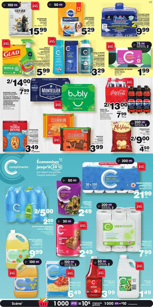 Circulaire Les Marchés Tradition - Page 6. La page présente plusieurs offres de produits. En haut, on trouve la nourriture pour chats Lily Jax de 2 kg à 15,99 $, les friandises pour chiens Pedigree Dentastix de 169 g à 392 g à 5,29 $, et le nettoyant pour lave-vaisselle Finish de 2 x 250 ml à 9,99 $. Au centre, les sacs à compostage Glad (20 unités), le nettoyant Fantastik (650 ml) ou le débouche-conduits Drano Max Gel (900 ml) sont à 5,99 $. Les produits de soins personnels Compliments (shampooing, mousse à raser ou rasoirs) de 12 unités ou 300 ml sont à 3,29 $. Les mouchoirs de papier Compliments de 88 ou 126 unités sont à 1,99 $. Pour les boissons, l'eau pétillante Bubly (12 x 355 ml) ou l'eau de source naturelle gazéifiée Montellier (10 x 355 ml) sont offertes à 2 pour 14,00 $ ou 7,99 $ chacune. Les boissons gazeuses Pepsi ou Coca-Cola de 6 x 710 ml sont à 2 pour 13,00 $ ou 7,99 $ chacune. Côté collations, les craquelins Kellogg's Town House, Cheez-It (213 à 391 g) ou les collations soufflées Pringles, Puffles ou Crackers sont à 3,49 $. Les biscuits Leclerc Célébration de 240 g à 350 g sont à 3,99 $. Les croustilles Miss Vickie's de 190 g ou 200 g sont à 2 pour 9,00 $ ou 4,50 $ chacune. Une section "Compliments" annonce des économies jusqu'à 20 %. On y trouve l'eau de source naturelle Compliments de 12 x 500 ml à 2 pour 5,00 $ ou 2,50 $ chacune, les croutons Compliments de 145 g à 2,49 $, le papier hygiénique Compliments de 30 rouleaux à 21,99 $, l'huile de canola ou végétale Compliments de 3 litres à 9,99 $, le lait évaporé Compliments de 354 ml à 2,49 $, l'essuie-tout Compliments de 6 rouleaux à 7,99 $, le fromage râpé Compliments de 226 g ou 320 g à 6,49 $, le ketchup aux tomates Compliments de 750 ml ou 1 litre à 3,99 $, et le vinaigre blanc Compliments de 1 litre à 1,49 $.