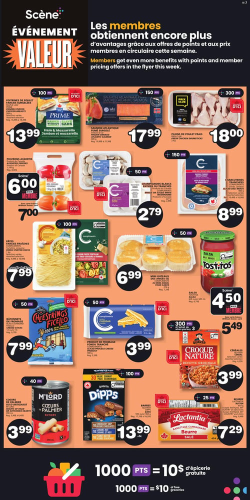 Circulaire Les Marchés Tradition - Page 7. La page met en vedette l'"Événement Valeur" et indique que les membres obtiennent encore plus d'avantages grâce aux offres de points et aux prix membres en circulaire cette semaine. Les offres incluent :

En haut de la page, de gauche à droite :
- Poitrines de poulet farcies surgelées Maple Leaf Prime, jambon et mozzarella, sélection variée, à 13,99 $ (100 points).
- Saumon atlantique fumé Vasco & Co, 300 g, à 17,99 $ (150 points).
- Pilons de poulet frais Prix Club, 2 kg, à 18,00 $ (300 points).

Au centre de la page, de gauche à droite :
- Poivrons assortis, produit du Canada, 1,14 kg (2,5 lb), à 6,00 $ (prix membre) ou 7,00 $ (sans carte Scène+).
- Champignons blancs entiers ou tranchés Compliments, 227 g, à 2,79 $ (50 points).
- Charcuteries tranchées Compliments, dinde, jambon, sélection variée, 400 g, à 8,99 $ (150 points).

Plus bas, de gauche à droite :
- Pâtes farcies fraîches Compliments, tortellini ou linguine, 1 kg, sélection variée, à partir de 7,99 $ (100 points).
- Mini gâteaux des anges Compliments, 270 g, à 6,99 $ (50 points).
- Salsa Tostitos, 628 ou 645 ml, à 4,50 $ (prix membre) ou 5,49 $ (sans carte Scène+).

En bas de la page, de gauche à droite :
- Bâtonnets de fromage Black Diamond Cheestrings Ficello, 16 unités, à 7,99 $ (50 points).
- Produit de fromage fondu tranché Compliments, saveur cheddar, 400 g, à 3,99 $ (50 points).
- Céréales Quaker Croque Nature, sélection variée, 475 g, à 3,99 $ (300 points à l'achat de 3).
- Cœurs de palmier ou d'artichaut M'Lord, 398 ml, à 3,99 $ (40 points).
- Barres Dipps Quaker, format économique de 30 paquets (935 ou 960 g), à 13,99 $ plus taxes (100 points).
- Beurre Lactantia, salé, 454 g, à 7,29 $ (25 points).

Une promotion en bas de page indique que 1000 points équivalent à 10 $ d'épicerie gratuite.