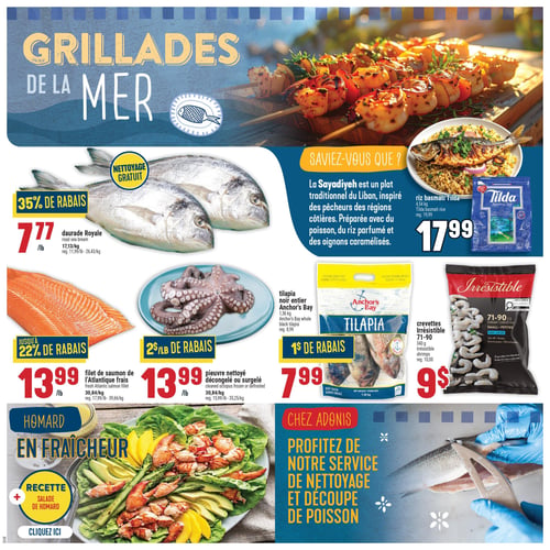 Circulaire Adonis - Page 3. La page est dédiée aux "Grillades de la Mer". En haut à droite, un encadré "Saviez-vous que ?" décrit la Sayadiyeh, un plat traditionnel libanais. À côté, le riz basmati Tilda de 4,54 kg est à 17,99 $ (régulier 19,99 $). En haut à gauche, la daurade Royale est offerte à 7,77 $ la livre (17,13 $/kg), avec 35 % de rabais et un nettoyage gratuit. Au centre, le filet de saumon de l'Atlantique frais est à 13,99 $ la livre (30,84 $/kg), avec jusqu'à 22 % de rabais. La pieuvre nettoyée décongelée ou surgelée est à 13,99 $ la livre (30,84 $/kg), avec 2 $ la livre de rabais. Le tilapia noir entier Anchor's Bay de 1,36 kg est à 7,99 $ (régulier 8,99 $), avec 1 $ de rabais. Les crevettes Irrésistible 71-90 de 340 g sont à 9 $ (régulier 10,00 $). En bas à gauche, une section "Homard en fraîcheur" met en avant une recette de salade de homard. En bas à droite, Adonis propose un service de nettoyage et de découpe de poisson.