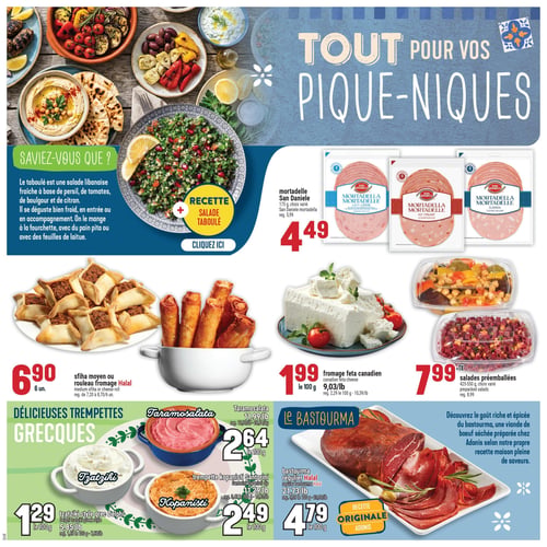 Circulaire Adonis - Page 5. La page est intitulée "Tout pour vos pique-niques" sur un fond bleu. En haut à gauche, une grande photo présente un assortiment de plats méditerranéens, dont du houmous, du taboulé et des légumes grillés. Une section "Saviez-vous que ?" décrit le taboulé comme une salade libanaise fraîche à base de persil, tomates, boulgour et citron, à déguster froid avec du pain pita ou de la laitue. Un bouton indique "Recette Salade Taboulé".

Les offres de produits incluent :
- La mortadelle San Daniele, 175 g, choix varié, à 4,49 $ (rég. 5,99 $).
- Les sfihas moyens ou rouleaux au fromage Halal, 6 unités, à 6,90 $ (rég. de 7,20 $ à 8,70 $ les 6 unités).
- Le fromage feta canadien, à 1,99 $ les 100 g (9,03 $ la livre) (rég. 2,29 $ les 100 g ou 10,39 $ la livre).
- Les salades préemballées, 425-550 g, choix varié, à 7,99 $ + taxes (rég. 8,99 $).

Une section est dédiée aux "Délicieuses trempettes grecques" :
- Le tzatziki style grec Delphi, à 1,29 $ les 100 g (5,85 $ la livre) (rég. 1,69 $ les 100 g ou 7,67 $ la livre).
- La taramosalata, à 2,64 $ les 100 g (rég. 11,99 $ la livre ou 23,84 $ le kg).
- La trempette kopanisti Santorini, à 2,49 $ les 100 g (rég. 3,49 $ les 100 g ou 15,88 $ la livre).

Une autre section met en vedette "Le Bastourma" :
- Le bastourma régulier Halal, à 4,79 $ les 100 g (rég. 5,00 $ les 100 g ou 23,00 $ la livre). Un texte l'accompagne : "Découvrez le goût riche et épicé du bastourma, une viande de bœuf séchée préparée chez Adonis selon notre propre recette maison pleine de saveurs." Un bouton indique "Recette Originale Adonis".