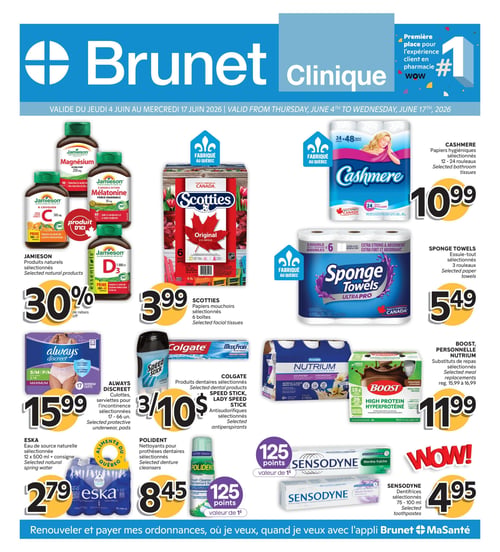 Circulaire Brunet - Page 1. La page met en avant le slogan "Première place pour l'expérience client en pharmacie". On y trouve 30 % de rabais sur les produits naturels sélectionnés Jamieson. Les papiers mouchoirs Scotties, 6 boîtes, sont à 3,99 $. Les papiers hygiéniques Cashmere, 12 à 24 rouleaux, sont à 10,99 $. L'essuie-tout Sponge Towels, 3 rouleaux, est à 5,49 $. Les culottes ou serviettes pour l'incontinence Always Discreet, 17 à 66 unités, sont à 15,99 $. Les produits dentaires Colgate ou les antisudorifiques Speed Stick sont offerts à 3 pour 10 $. L'eau de source naturelle Eska, 12 x 500 ml avec consigne, est à 2,79 $. Les nettoyants pour prothèses dentaires Polident sont à 8,45 $, et donnent droit à 125 points Brunet d'une valeur de 1 $. Les substituts de repas Boost ou Personnelle Nutrium sont à 11,99 $ (rég. 15,99 $ à 16,99 $). Enfin, les dentifrices Sensodyne, 75 à 100 ml, sont à 4,95 $, et donnent droit à 125 points Brunet d'une valeur de 1 $. En bas de page, une promotion invite à renouveler et payer les ordonnances via l'appli Brunet MaSanté.