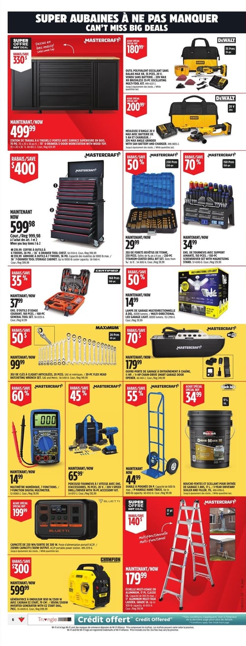Circulaire Canadian Tire - Page 8. La page présente des super aubaines sur des outils et équipements. En haut à gauche, une station de travail Mastercraft noire à 6 tiroirs et 2 portes avec surface supérieure en bois massif est offerte à 499,99 $, avec un rabais de 330 $. À droite, un outil polyvalent oscillant DeWalt de 35 pièces, 20 V, sans batterie est à 180,99 $, et une meuleuse d'angle DeWalt de 20 V avec batterie de 5 Ah et chargeur est à 200,99 $. Au centre gauche, un ensemble coffre à outils et armoire à outils Mastercraft à 6 et 7 tiroirs est à 599,98 $, avec un rabais de 400 $. Au centre droit, un jeu de forets revêtus de titane Mastercraft de 230 pièces est à 29,99 $ (50 % de rabais), et un ensemble de tournevis avec support aimanté Mastercraft de 150 pièces est à 34,99 $ (70 % de rabais). Plus bas, un ensemble d'outils d'usage courant Mastercraft de 168 pièces est à 37,99 $ (35 % de rabais), et une lampe de garage multidirectionnelle à DEL Mastercraft de 6000 lumens est à 14,99 $ (50 % de rabais). Une clé à cliquet articulée Maximum de 20 pièces est à 99,99 $ (50 $ de rabais), et un ouvre-porte de garage à entraînement à chaîne Mastercraft de 1/2 cheval-vapeur est à 179,99 $ (70 $ de rabais). En bas de page, un multimètre numérique Mastercraft à 7 fonctions est à 14,99 $ (60 % de rabais), une perceuse-tournevis Mastercraft de 20 V avec ensemble d'accessoires de 76 pièces est à 65,99 $ (45 % de rabais), et un diable à poignée en P Mastercraft d'une capacité de 600 livres est à 44,99 $ (55 % de rabais). Un bouche-fentes et scellant pour entrée Black Jack Drive-Maxx 300 de 17 litres est à 34,99 $. Un poste d'alimentation portable Bluetti AC2P de 230 Wh/300 W est à 199,99 $. Une génératrice à onduleur Champion de 1850 W/2500 W avec cadran EZ Start est à 599,99 $ (300 $ de rabais). Enfin, une échelle multi-usage en aluminium Mastercraft de 17 pieds, classe 1A, est à 179,99 $ (140 $ de rabais).