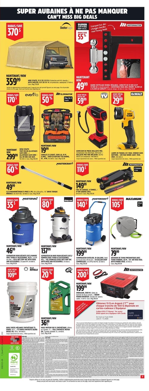 Circulaire Canadian Tire - Page 10. La page met en vedette des "Super aubaines à ne pas manquer".
En haut à gauche, un abri d'auto ShelterLogic 10 x 20 x 8 pi H, protection anti-UV et étanche, est à 359,99 $, un rabais de 370 $ (rég. 729,99 $).
À droite, une barre d'attelage double réglable Motomaster, capacité de 10 000 lb et 14 000 lb, est à 49,99 $, un rabais de 55 % (rég. 119,99 $).
La deuxième rangée présente un siège d'auto tout-en-un Evenflo Allstages Slim Core à 299,99 $, un rabais de 170 $ (rég. 469,99 $). Des sangles à cliquet Eliminator 3000 lb, 10 pi, paquet de 4, sont à 19,99 $, un rabais de 50 % (rég. 42,99 $). Un gonfleur de pneus Bullseye Pro, compresseur d'air électrique 150 lb/po², est à 59,99 $ (rég. 89,99 $). Une lampe de travail DeWalt 20 V, vendue sans batterie, est à 29,00 $ (rég. 59,00 $).
La troisième rangée propose une clé dynamométrique Mastercraft à prise 1/2 po, 50 à 250 pi-lb, à 49,99 $, un rabais de 60 % (rég. 129,99 $). Un cric de garage Motomaster 4 tonnes est à 149,99 $, un rabais de 110 $ (rég. 259,99 $).
La quatrième rangée inclut un aspirateur pour déchets secs/humides Mastervac avec tuyau et accessoires, 18,9 L, 3,0 HP, à 46,99 $, un rabais de 35 $ (rég. 84,99 $). Un aspirateur en inox Shop-Vac pour déchets secs/humides avec tuyau et accessoires, 45 L, est à 137,99 $, un rabais de 80 $ (rég. 219,99 $). Un compresseur d'atelier Mastercraft 10 gallons, débit de 4,0 pi³/min à 90 lb/po², est à 199,99 $, un rabais de 140 $ (rég. 339,99 $). Un dévidoir de tuyau pneumatique Maximum avec tuyau hybride 50 pi est à 79,99 $, un rabais de 105 $ (rég. 184,99 $).
La dernière rangée de produits offre de l'huile moteur synthétique Shell Rotella T5 15W40, 18,9 L, à 109,88 $. De l'huile moteur 100 % synthétique Quaker State, 5 L, est à 36,88 $, un rabais de 20 % (rég. 47,99 $). Un onduleur Motomaster 3000 W, câbles de batterie de 36 po compris, est à 199,99 $, un rabais de 200 $ (rég. 399,99 $).
Une offre d'une durée limitée permet d'obtenir 15 $ en Argent CT pour chaque tranche de 100 $ dépensée en cartes-cadeaux L'Équipeur, valide du 4 au 11 juin.