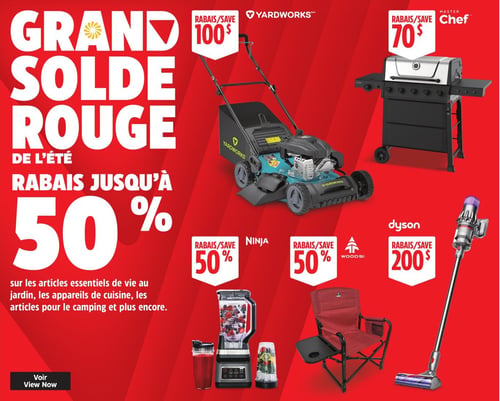 Circulaire Canadian Tire - Page 2. La page annonce le "Grand Solde Rouge de l'été" avec des rabais allant jusqu'à 50 % sur les articles essentiels de vie au jardin, les appareils de cuisine, les articles pour le camping et plus encore. Les produits en vedette incluent une tondeuse Yardworks avec un rabais de 100 $, un barbecue Master Chef avec un rabais de 70 $, un mélangeur Ninja avec un rabais de 50 %, une chaise de camping Woods avec un rabais de 50 % et un aspirateur Dyson avec un rabais de 200 $.