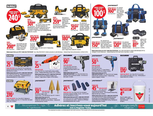 Circulaire Canadian Tire - Page 5. La page présente une variété d'outils électriques et d'accessoires. En haut, des ensembles d'outils Dewalt sont offerts : un ensemble perceuse-visseuse à percussion et outil oscillant à 301,99 $; une scie sauteuse à 259,99 $; un autre ensemble perceuse-visseuse à percussion et outil oscillant à 231,99 $; une scie circulaire à 200,99 $; une scie alternative à 200,99 $; et un ensemble perceuse-visseuse à percussion et outil oscillant à 180,99 $. La section Mastercraft propose des économies allant jusqu'à 100 $ : un ensemble perceuse et clé à chocs à 160,99 $; un ensemble perceuse-visseuse à percussion à 150,99 $; un ensemble perceuse-visseuse à 120,99 $; et une batterie 20 V, 4,0 Ah, en paquet de deux, à 81,39 $. Au milieu de la page, on trouve : un ensemble de forets et embouts de tournevis Dewalt à 59,90 $ (25 % de rabais); un outil rotatif Certified avec 24 pièces à 29,99 $ (25 % de rabais); une clé à chocs Maximum à 90,99 $ (50 % de rabais); une perceuse-visseuse à percussion Maximum à 90,99 $ (50 % de rabais); et une clé à chocs à moteur sans balais Maximum à 170 $. En bas de page, une raboteuse Dewalt de 15 pouces à 270 $; un jeu de forets étagés Mastercraft à 24,79 $ (30 % de rabais); un ensemble de meules Mastercraft à 19,09 $ (45 % de rabais); un jeu de lames de scie alternative Mastercraft avec étui à 26,99 $ (45 % de rabais); et un seau de 5 gallons Canadian Tire à 4,79 $.