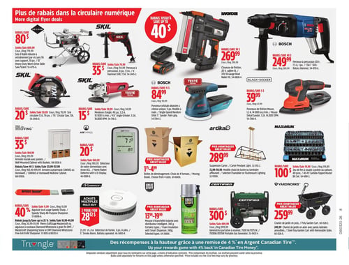 Circulaire Canadian Tire - Page 6. La page met en avant des rabais supplémentaires disponibles dans la circulaire numérique, avec des économies allant jusqu'à 40 %. En haut à gauche, un ensemble de scie sur table et support SKIL est offert avec 80 % de rabais, à 149,99 $ (régulier 779,99 $). À côté, une perceuse à percussion SKIL est à 35 % de rabais, à 49,99 $ (régulier 79,99 $). Au centre, une cloueuse de finition WORX de 20 V est à 269,99 $ (régulier 299,99 $). À droite, une perceuse à percussion Bosch est à 249,99 $ (régulier 289,99 $). En dessous, une ponceuse orbitale aléatoire Bosch est à 84,99 $ (régulier 99,99 $). Une ponceuse de finition Mouse Black+Decker est à 39,99 $ (régulier 47,99 $). Plus bas à gauche, une scie circulaire SKIL de 13 A est à 20 % de rabais, à 47,99 $ (régulier 59,99 $). À côté, une meuleuse d'angle SKIL de 4,5 pouces est à 15 % de rabais, à 33,99 $ (régulier 39,99 $). Dans la section du milieu, un meuble mural avec paniers de Living est à 35 % de rabais, à 119,99 $ (régulier 184,99 $). Un détecteur de radon Airthings avec écran ACL est à 20 % de rabais, à 129,99 $ (régulier 160,05 $). Des boîtes de déménagement sont offertes à un prix avantageux, variant de 1,75 $ à 4,99 $ selon le format. Un luminaire suspendu Artika est à 289,99 $ (prix avantageux). Un ensemble de 40 mèches de toupie au carbure Maximum est à 100 $ de rabais, à 74,99 $ (régulier 174,99 $). En bas à gauche, un aiguiseur tout usage Speedy Sharp est à 40 % de rabais, à 6,99 $ (régulier 11,99 $). Un détecteur de fumée Garrison est offert à 2 pour 28,12 $. Au centre, une mousse d'étanchéité isolante Great Stuff est à 13,99 $ (prix avantageux). Une génératrice portative à essence Certified de 7500 W/9375 W est à 300 $ de rabais, à 699,99 $ (régulier 999,99 $). À droite, un chariot de jardin en poly Yardworks est à 259,99 $ (prix avantageux). La page se termine avec une promotion Triangle : des récompenses à la hauteur, avec 4 % de retour en Argent Canadian Tire.