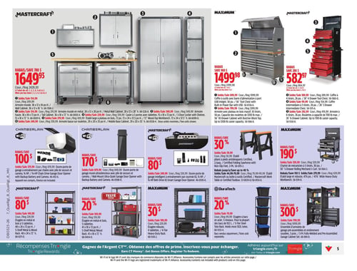Circulaire Canadian Tire - Page 7. La page présente des solutions de rangement et des ouvre-portes de garage. En haut, un système de rangement de garage Mastercraft est offert à 1649,93 $ (rég. 2429,93 $), incluant des armoires murales, des armoires basses, un établi et des armoires hautes. À droite, un coffre à outils Maximum de 56 po avec barre d'alimentation intégrée est à 1499,98 $ (rég. 2399,98 $), et un coffre à outils Mastercraft de 26 po avec 4 tiroirs, un coffre intermédiaire et une armoire à 6 tiroirs est à 582,97 $ (rég. 864,97 $). Au centre, trois ouvre-portes de garage sont en promotion : un Chamberlain à entraînement par chaîne avec pile de secours et Wi-Fi, 1/2 cheval-vapeur, à 100 $ (rég. 379,99 $); un Chamberlain ultra-silencieux avec pile de secours, caméra et Wi-Fi, 1/2 cheval-vapeur, à 170 $ (rég. 679,99 $); et un Mastercraft intelligent à entraînement par courroie, 1/2 cheval-vapeur, à 80 $ (rég. 329,99 $). Deux tréteaux pliants Maximum certifiés antidérapants sont à 39,99 $ (rég. 59,99 $), et un chariot de mécanicien Maximum à 5 tiroirs, 30 po, est à 190 $ (rég. 429,99 $). En bas, deux étagères en métal et bois Mastercraft sont disponibles : une de 48 x 24 x 72 po H. à 80 $ (rég. 149,99 $) et une de 41 x 18 x 72 po H. à 109,99 $ (rég. 139,99 $). Une étagère DuraTech à bacs en acier, 5 niveaux, est à 79,99 $ (rég. 99,99 $). Enfin, un ensemble d'armoires de garage Maximum pré-assemblées de 3 pièces est à 300 $ (rég. 1099,99 $).
