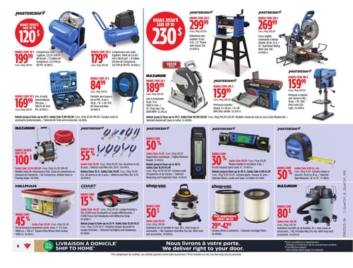 Circulaire Canadian Tire - Page 8. La page présente une variété d'outils et d'accessoires. En haut, deux compresseurs d'air Mastercraft sont offerts : un modèle de 5 gallons à 199,99 $ (rabais de 50 $) et un modèle sans huile de 8 gallons à 179,99 $ (rabais de 120 $). À droite, une raboteuse Mastercraft de 12 po avec support est à 299,99 $ (rabais jusqu'à 230 $), et une scie à onglets coulissante Mastercraft de 10 po est à 269,99 $ (rabais de 160 $). Au centre, un ensemble d'outils pneumatiques Mastercraft de 100 pièces est à 169,99 $ (rabais de 70 $), un dévidoir avec tuyau à air Mastercraft de 50 pi est à 84,99 $ (rabais de 45 $), une scie à tronçonner Maximum de 14 po est à 189,99 $ (rabais de 60 $), une ponceuse à bande/disque Mastercraft est à 159,99 $ (rabais de 100 $), et une perceuse à colonne Mastercraft avec lampe à DEL est à 159,99 $ (rabais de 100 $). Plus bas, un compresseur d'air Maximum ou une cloueuse de charpente est en rabais jusqu'à 100 $, un ensemble de pinces et clé Mastercraft de 10 pièces est à 29,99 $ (rabais de 55 %), un hygromètre numérique Mastercraft est à 24,99 $ (rabais de 50 %), un niveau torpille en acrylique Mastercraft de 8 po est à 48,99 $ (rabais de 30 %), et un ruban à mesurer Mastercraft de 25 pi est à 4,99 $ chacun (rabais de 50 %). Enfin, une boîte de 1000 vis de terrasse Hillman de 8 x 3 po est à 29,99 $ (rabais de 45 %), une lampe frontale Coast à DEL est à 48,05 $ (rabais de 15 %), un aspirateur sec et humide Shop-Vac de 30 L est à 70,99 $ (rabais de 50 %), certains filtres à cartouche Shop-Vac sont de 29,99 $ à 42,99 $, et un aspirateur sec et humide Maximum de 45 L est à 169,99 $ (rabais de 80 $).