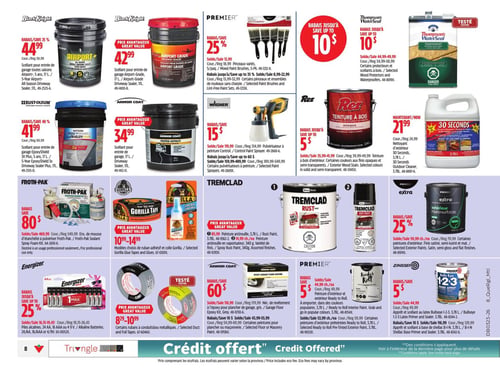 Circulaire Canadian Tire - Page 10. La page présente des produits pour l'entretien extérieur et la peinture. En haut à gauche, le scellant pour entrée de garage toutes saisons Black Knight Airport, 17 L, est à 44,99 $ (rég. 59,99 $), et le scellant Black Knight Airport Grade, 17 L, est à 42,99 $. Des pinceaux variés Premier sont offerts avec un rabais allant jusqu'à 10 $, à partir de 8,99 $. Le protecteur et scellant à bois Thompson's WaterSeal est également en rabais jusqu'à 10 $, à partir de 44,99 $. Au centre de la page, le scellant pour entrée de garage Rust-Oleum EpoxyShield, 17 L, est à 41,99 $ (rég. 69,99 $), et le scellant Armor Coat, 17 L, est à 34,99 $. Un pulvérisateur à peinture Wagner est en rabais de 15 $, à 109,99 $ (rég. 134,99 $). La teinture à bois d'extérieur Rez est en rabais jusqu'à 5 $, à partir de 35,99 $. Le nettoyant d'extérieur 30 Seconds, 3,78 L, est à 21,99 $ (rég. 24,99 $). Plus bas, l'ensemble de mousse d'étanchéité à pulvériser Froth-Pak est en rabais de 80 $, à 469,99 $ (rég. 549,99 $). Des rubans adhésifs et colles Gorilla sont offerts à prix avantageux de 10,99 $ à 14,99 $. La peinture antirouille Tremclad est à 85,99 $ pour 3,78 L et 24,99 $ pour 340 g en aérosol. La peinture d'extérieur murs et surfaces Premier est en rabais de 25 %, à 59,99 $ chacun (rég. 79,99 $). En bas de page, les piles alcalines Energizer (24 AA, 16 AAA ou 4 9 V) sont en rabais jusqu'à 25 %, à partir de 16,19 $. Des rubans à conduits métalliques sont à prix avantageux de 8,29 $ à 10,99 $. Le kit de revêtement de plancher de garage époxy Armor Coat est en rabais de 60 $, à 116,99 $ (rég. 179,99 $). La peinture d'intérieur et extérieur Premier Ready to Roll est en rabais de 5 $, à 44,99 $ chacun (rég. 49,99 $). Enfin, les apprêts et scellants Zinsser Bulls Eye 1-2-3, 3,78 L, sont en rabais de 5 $, à 44,99 $ (rég. 49,99 $), et l'apprêt et scellant à base de gomme laque est en rabais jusqu'à 10 $, à 116,99 $ (rég. 129,99 $).