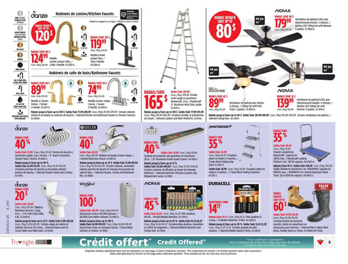 Circulaire Canadian Tire - Page 11. La page présente des rabais sur des articles de quincaillerie et de maison. En haut à gauche, des robinets de cuisine Danze sont offerts avec des rabais allant jusqu'à 120 $. Les modèles Colby et Tana sont respectivement à 124,99 $ et 119,99 $, disponibles en plusieurs finis. Juste en dessous, des robinets de salle de bain Danze, modèles Dorian et Canvia, sont à 89,99 $ et 74,99 $, avec des rabais allant jusqu'à 60 $. En haut à droite, des ventilateurs de plafond Noma et Living sont en promotion avec des rabais allant jusqu'à 80 $. On trouve le ventilateur Noma Ashton à 179,99 $, le ventilateur Living à 89,99 $ et le ventilateur Noma Hayden à 139,99 $. Au centre de la page, une échelle multi-usage en aluminium Mastercraft de 21 pi est à 210,99 $. Une pomme de douche Danze de 8 po. est à 23,99 $ (40 % de rabais). Un robinet de lavabo Delta à levier unique est à 40,99 $ (40 % de rabais). Un système de protection des gouttières Smart Screen de 20 pi. est à 29,99 $ (40 % de rabais). Un escabeau pliant en métal Mastercraft à 3 marches est à 42,99 $ (35 % de rabais). Un chariot à plateforme Mastercraft de 330 lb est à 49,99 $ (35 % de rabais). En bas à gauche, une toilette Danze à fermeture amortie en 2 pièces est à 114,99 $ (20 $ de rabais). Un adoucisseur d'eau Whirlpool de 40 000 granules est à 749,99 $ (100 $ de rabais). Des piles alcalines Noma (40 AA/4 paquets) sont à 18,89 $ (45 % de rabais) et des piles alcalines Duracell (4 paquets) sont à 14,79 $ (10 % de rabais). Enfin, des bottes de travail testées sont offertes avec des rabais allant jusqu'à 60 $, avec des prix variant de 19,99 $ à 125,99 $. Deux modèles sont illustrés : une botte de travail beige et une botte de pluie noire.