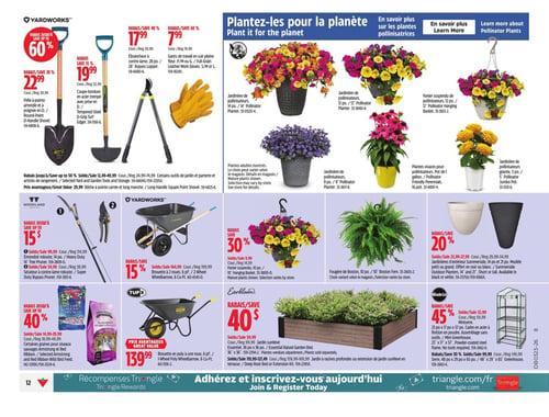 Circulaire Canadian Tire - Page 14. La page présente une variété d'outils de jardinage, de plantes et d'accessoires. En haut, des outils Yardworks sont offerts avec des rabais allant jusqu'à 60 % : une pelle à pointe arrondie et poignée en D à 22,99 $, une coupe-bordure en acier trempé à 19,99 $, un ébrancheur à contre-lame à 17,99 $ et des gants de travail en cuir pleine fleur à 7,99 $. Une bêche à pointe carrée et longue manche est également disponible à 29,99 $. La section "Plantez-les pour la planète" met en vedette diverses jardinières de pollinisateurs (12 po, 14 po, 9 po, 5 po), un panier suspendu de pollinisateurs de 12 po et des plantes vivaces pour pollinisateurs en pot de 1 gallon. Une fougère de Boston de 10 po est aussi montrée. Des jardinières d'extérieur Summerside de 14 po et 21 po sont à 20 % de rabais. En bas à gauche, des outils Woodland incluent un émondoir robuste de 14 po à 15 $ et un sécateur à contre-lame robuste à 15 $. Au centre, des brouettes Yardworks sont présentées : une brouette à 2 roues de 6 pi³ à 15 % de rabais et une brouette en poly à une roue de 6 pi³ à 139,99 $. Des mélanges pour oiseaux sauvages Armstrong et Red Ribbon sont offerts avec des rabais jusqu'à 40 %. À droite, un jardin surélevé Everbloom est à 40 % de rabais, et une mini serre Miracle-Gro de 25 po x 17 po x 57 po est à 45 % de rabais.