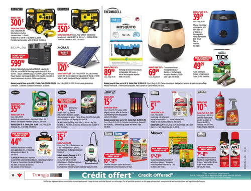Circulaire Canadian Tire - Page 18. La page présente des produits pour l'extérieur et le contrôle des parasites. En vedette, deux génératrices Champion : une portative à essence de 10 000 W/12 500 W à 1399,99 $ (300 $ de rabais) et une bicourant de 6500 W/8125 W à 1349,99 $ (350 $ de rabais). Pour la protection contre les insectes, Thermacell propose des recharges de chasse-moustiques de 144 heures à 89,99 $ (10 % de rabais), un chasse-moustiques rechargeable E55 bleu royal ou anthracite à 39,99 $ (40 % de rabais), un modèle E55+ illuminé à 69,99 $ (20 % de rabais), et des tubes anti-tiques de 12 paquets à 49,99 $. On trouve aussi une station d'alimentation portative Ecoflow DELTA 2 de 1024 Wh à 599,99 $ et un ensemble de panneau solaire Noma 100 W avec régulateur de charge à 179,99 $ (120 $ de rabais). Pour l'entretien du jardin et le contrôle des nuisibles, Scotts offre l'herbicide en vaporisateur à piles Weed B Gon de 4 litres à 35,99 $ (10 % de rabais) et le destructeur de larves Grub B Gon de 3 kg à 74,99 $. Une lampe à DEL DIC avec piège à insectes et effet de flamme est à 101,99 $ (15 $ de rabais). Ortho propose l'insecticide prêt à l'emploi Home Defense MAX de 4 litres à 25,59 $ (5 $ de rabais). Wilson AntOut offre certains vaporisateurs, poudres ou pièges à fourmis avec 10 % de rabais, à des prix variant de 4,49 $ à 9,89 $. D'autres produits incluent l'herbicide Roundup Advanced avec applicateur de 5 litres à 44,99 $, un pulvérisateur sac à dos Fountainhead de 4 gallons à 143,99 $ (15 $ de rabais), des solutions Terro Multi-Surface Insect Killer contre les fourmis de 10,99 $ à 13,99 $, des chasse-moustiques/insectes Muskol en aérosol ou spirales de 5,79 $ à 17,99 $, et des solutions Ortho Ant B Gon Max contre les fourmis et coquerelles de 7,49 $ à 11,99 $. Un message en bas de page indique "Crédit offert".