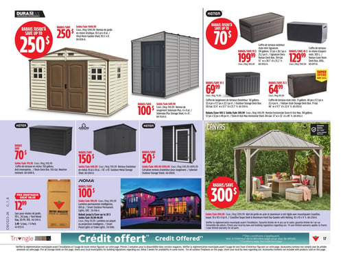 Circulaire Canadian Tire - Page 19. La page présente des articles pour l'extérieur et le jardin. En haut à gauche, une grande remise de jardin Duramax en résine vinylique de 10,5 pi x 8 pi est offerte à 1049,99 $, un rabais de 250 $ sur le prix régulier de 1299,99 $. À côté, une remise de rangement Sidemate Plus de 4 pi x 8 pi est à 649,99 $, un rabais de 100 $ sur 749,99 $. En haut à droite, plusieurs coffres de terrasse Keter sont en promotion. Un coffre de terrasse extérieur style rotin Signature de 154 gallons est à 199,99 $ (rég. 369,99 $), et un coffre de terrasse en résine d'aspect rotin de 305 L est à 129,99 $ (rég. 179,99 $). Deux autres coffres de rangement de terrasse sont disponibles : un modèle de 50 gallons à 69,99 $ (rég. 79,99 $) et un modèle de 71 gallons à 64,99 $ (rég. 89,99 $). Une remise horizontale Store-It-Out Max de 314 gallons est à 349,99 $ (rég. 449,99 $). Au centre gauche, trois remises supplémentaires sont affichées : un coffre de terrasse Keter de 150 gallons à 179,99 $ (rég. 249,99 $), une remise d'extérieur Arrow en métal de 10 pi x 10 pi à 649,99 $ (rég. 799,99 $), et certaines remises d'extérieur Keter pour rangement à 499,99 $ (rég. 549,99 $). En bas à gauche, des sacs Noma pour résidus de jardin de 110 L sont offerts à 12,99 $ pour un paquet de 20, ou 5,49 $ pour un paquet de 5. Au centre en bas, des lumières intelligentes Noma sont en vedette. Des lumières permanentes intelligentes de 100 pi sont à 199,99 $ (rég. 299,99 $), et des lumières sur piquet ou projecteurs intelligents sont entre 39,99 $ et 49,99 $ (rég. 59,99 $). En bas à droite, un abri de jardin Canvas en acier et aluminium à toit rigide avec moustiquaire, de couleur taupe et mesurant 10 pi x 9 pi, est à 999,99 $, un rabais de 300 $ sur le prix régulier de 1299,99 $.