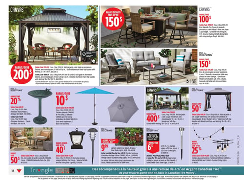 Circulaire Canadian Tire - Page 20. La page présente des articles pour l'aménagement extérieur. En haut à gauche, un abri de jardin Skyline en aluminium avec moustiquaire est offert avec un rabais de 200 $. À droite, un ensemble de salle à manger Granville Fire de 7 pièces avec foyer à gaz intégré, avec un rabais allant jusqu'à 150 $. En dessous, un ensemble de conversation Sandstone de 4 pièces en osier est proposé avec un rabais de 150 $. Plus bas, deux abris de jardin à toit souple : un Henderson avec moustiquaire, rabais de 400 $, et un Tobermory avec poteaux en similibois et moustiquaire, rabais de 50 $. En bas à gauche, un bain d'oiseaux classique ou d'antique style, rabais de 20 %. À côté, certains parasols Canvas et For Living, rabais de 10 $. Un ensemble de meuble de jardin Leslieville Canvas de 3 pièces est à 50 $ de rabais. Au centre, des lampes solaires sur piquet, 6 par paquet, à 9,99 $. Certaines lampes solaires Noma et For Living sont offertes avec un rabais allant jusqu'à 40 $. Des lampes solaires à DEL sur piquet sont à 3 pour 6 $. Des lampes solaires sur piquet en verre au fini craquelé sont à 2 pour 11 $ ou 7,99 $ chacune. À l'extrême droite, certains jeux de lumières d'extérieur Noma et Canvas sont à 25 % de rabais. Le bas de page mentionne des récompenses allant jusqu'à 4 % en Argent Canadian Tire avec le programme Triangle.