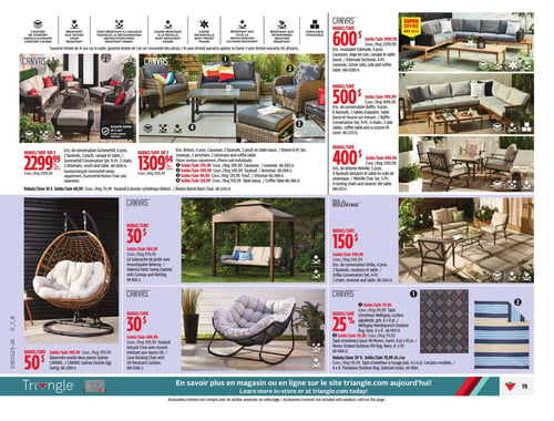 Circulaire Canadian Tire - Page 21. La page présente plusieurs ensembles de mobilier de patio. En haut à gauche, l'ensemble de conversation Summerhill de 6 pièces est à 2299,99 $, un rabais de 300 $. Il inclut 2 fauteuils, 2 poufs, un canapé et une table. Le fauteuil berçant Summerhill est vendu séparément. Au centre, l'ensemble de conversation Breton de 6 pièces est à 1309,94 $, un rabais de 210 $. Il comprend 2 fauteuils, 2 poufs et une table basse. En haut à droite, une super offre sur l'ensemble modulaire Edenvale de 4 pièces à 1999,99 $, un rabais de 600 $. Il inclut une causeuse, un siège de coin, un canapé et une table basse. L'ensemble de conversation Baffin de 9 pièces est à 1699,99 $, un rabais de 500 $, avec 6 fauteuils, 2 tables d'appoint, une table basse et une housse sur mesure. L'ensemble de détente Melville de 5 pièces est à 899,99 $, un rabais de 400 $, comprenant 4 fauteuils berçants et une table en tuile de céramique. En bas à gauche, le lit balançoire de jardin Valencia avec moustiquaire est à 549,99 $, un rabais de 30 $. La balancelle ovoïde deux places Sydney est à 749,99 $, un rabais de 50 $. Au centre en bas, le fauteuil berçant Cove avec coussin résistant aux rayons UV est à 449,99 $, un rabais de 30 $. En bas à droite, l'ensemble de conversation Orillia de 4 pièces est à 399,99 $, un rabais de 150 $, avec 2 fauteuils, une causeuse et une table. Deux tapis d'extérieur sont offerts avec 25 % de rabais : le Wellsgray Needlepunch gris de 6 x 8 pieds et le Munro Striped marine de 8 x 10 pieds. De plus, 20 % de rabais est appliqué sur les tapis d'extérieur à tissage plat de 4 x 6 pieds.