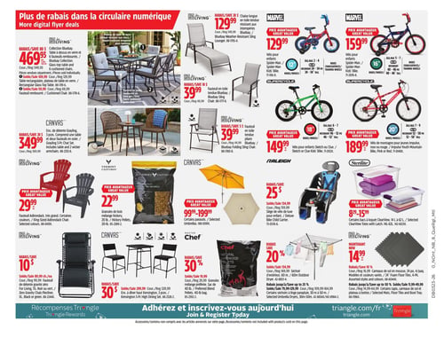 Circulaire Canadian Tire - Page 22. La page présente des rabais sur des articles d'extérieur et de loisirs. On y trouve un ensemble de table à dîner en verre et 6 fauteuils rembourrés Collection Bluebay à 469,93 $. Deux fauteuils de détente pliants Bluebay sont offerts à 49,99 $ et 39,99 $. Un ensemble de conversation 3 pièces Grayling, incluant une table et 2 fauteuils en osier, est à 349,99 $. Des fauteuils Adirondack de diverses couleurs sont à 29,99 $. Des granulés de bois mélange hickory Vermont Castings de 20 livres sont à 22,99 $. Plusieurs vélos pour enfants sont en promotion : un Spider-Man 12 pouces à 129,99 $, un Spider-Man 16 pouces à 159,99 $, un Sketch ou Clue 18 pouces à 149,99 $, et un vélo de montagne Impulse 20 pouces à 189,99 $. Des parasols sélectionnés Bluebay sont offerts de 99,99 $ à 199,99 $, et un parasol Bluebay à 49,99 $. Un siège de vélo pour enfant Deluxe est à 25 $. Des bacs de rangement Sterilite ClearView avec couvercles sont disponibles de 8,29 $ à 15,99 $ et à 14,99 $. Un fauteuil de détente gravité zéro est à 10 $. Un ensemble à dîner haut Kensington 3 pièces est à 30 $. Des granulés de bois mélange préféré Master Chef de 40 livres sont à 30 % de rabais. Des séchoirs d'extérieur ou séchoirs à linge parapluie sélectionnés sont à 20 % ou 25 % de rabais. Enfin, des carreaux de sol en mousse 24 pouces, 4 par paquet, sont à 14,99 $, et des tapis, carreaux de sol et plateaux à bottes sélectionnés sont à 19,99 $.