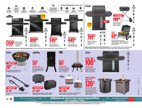 Circulaire Canadian Tire - Page 23. La page présente une variété de barbecues et d'accessoires pour la cuisson extérieure. En haut, plusieurs barbecues Napoleon sont offerts : le Rogue Pro 525 à 1259,99 $ (rabais de 140 $), le Rogue 625 à 899,99 $ (rabais de 100 $), le Rebel 425 à 599,99 $ (rabais de 50 $) et le Rebel 365 à 449,99 $ (rabais de 50 $). Une "Super Offre" est mise en avant pour certains modèles. À droite, des barbecues Master Chef incluent le Grill Turismo à 399,99 $ (rabais de 100 $), un barbecue portatif avec chariot à 199,99 $, et un barbecue de table portatif pliable à 69,99 $. La section inférieure propose un barbecue portatif au charbon Master Chef de 14 po à 26,99 $, un fumoir électrique analogique Masterbuilt de 30 po à 50 $ (rabais de 50 $), et un four à pizza multi-combustibles Ooni de 12 po à 60 $ (rabais de 60 $). Un autre barbecue au propane Master Chef Grill Turismo est affiché à 499,99 $ (rabais de 100 $). Des accessoires sont également disponibles : des brosses à barbecue à partir de 4,99 $, des housses de barbecue à partir de 17,99 $, et des bonbonnes de propane à partir de 46,99 $. Enfin, des tables avec foyer ou foyer colonne au propane sont offertes avec des rabais allant jusqu'à 120 $.