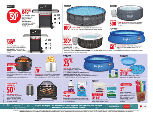 Circulaire Canadian Tire - Page 24. La page présente des articles pour l'extérieur et la piscine. En haut à gauche, deux barbecues Weber Spirit au gaz sont offerts : le modèle E-425 à 649,99 $ et le modèle E-325 à 549,99 $. Au centre, une piscine Bestway à armature en acier de 18 pi x 52 po est en rabais de 100 $. À droite, un spa gonflable Saluspa pour 4 à 6 personnes est en rabais de 300 $, et une piscine Funsicle de 15 pi x 36 po est en rabais de 60 $. Plus bas, un spa Saluspa Bahamas Air Jet de 71 po x 26 po est en rabais de 380 $. La section inférieure gauche propose des foyers d'extérieur : un foyer Living en bois à motif de feuille d'érable de 24 po à 89,99 $, un foyer sans fumée Solo Stove de 19,5 po de diamètre en rabais de 70 $, et des foyers ronds et d'extérieur Canvas ou For Living avec des rabais allant jusqu'à 50 $. Au centre, une piscine gonflable Funsicle de 8 pi x 26 po avec pompe filtrante est en rabais de 25 %. Des pataugeoires Funsicle de 36 po, 45 po et 59 po sont offertes à des prix avantageux de 18,99 $ à 32,99 $. Des produits chimiques pour piscine, incluant le sel de piscine Sifto et le clarifiant au chlore Aquarius, sont disponibles à prix avantageux, ainsi que des traitements au chlore Aquarius de 14,99 $ à 89,99 $. À droite, des nouilles de piscine sont proposées : la nouille géante à 5,99 $ et la nouille ordinaire à 2,99 $. Une section en bas de page promeut les Récompenses Triangle et inclut des avertissements importants concernant la sécurité des piscines hors terre et la réglementation municipale.