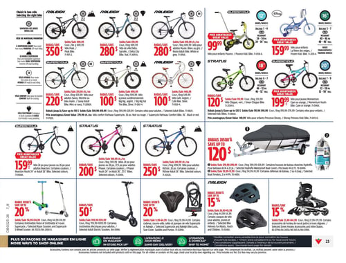 Circulaire Canadian Tire - Page 27. La page présente une sélection de vélos pour tous les âges, ainsi que des accessoires nautiques, des trottinettes, des casques et des patins à roues alignées. Dans la section des vélos, on trouve : le vélo de montagne Raleigh Peak à 350 $ (rég. 499,99 $), le vélo de ville Raleigh Delta à 280 $ (rég. 419,99 $), et le vélo de route Raleigh pour adulte à 280 $ (rég. 419,99 $). Pour les vélos Supercycle, le modèle Peak est à 220 $ (rég. 339,99 $), le Big Rig à pneus surdimensionnés est à 100 $ (rég. 349,99 $), et le vélo confort est à 100 $ (rég. 349,99 $). Pour les enfants, le vélo Pounce de 12 pouces est à 99,99 $, le vélo La Reine des neiges de Disney Princess de 16 pouces est à 159,99 $, le vélo Supercycle Chipper de 18 pouces est à 120 $ (rég. 199,99 $), et le vélo Momentum pour jeunes de 20 pouces est à 199,99 $. D'autres vélos incluent le Supercycle Reaction pour jeunes de 24 pouces à 159,99 $, le Stratus Phaser pour jeunes de 24 ou 26 pouces à 200 $ (rég. 199,99 $), et le Stratus Richter pour adulte de 26 pouces à 250 $ (rég. 249,99 $). Des rabais jusqu'à 110 $ sont offerts sur certains vélos pour adultes, jeunes et enfants. La section nautique propose des rabais jusqu'à 120 $ sur les housses de bateau étanches Hydroflo pour bateaux de 14 à 22 pieds, et sur les défenses de bateau vendues par paquets de 2 ou 4. Enfin, on trouve des rabais jusqu'à 20 % sur certaines trottinettes Razor et trottinettes à 3 roues Supercycle, 50 $ de rabais sur certaines trottinettes électriques, 15 % de rabais sur certains casques de vélo Raleigh pour adultes, jeunes et enfants, et 15 % de rabais sur certains accessoires de hockey de rue et patins à roues alignées.