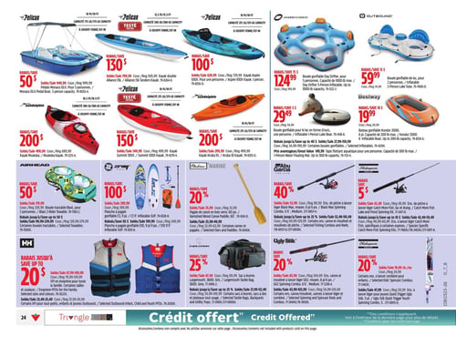 Circulaire Canadian Tire - Page 28. Cette page est dédiée aux sports nautiques et à la pêche, avec des rabais sur une variété d'articles.
En haut, on trouve des embarcations : un pédalo Pelican Monaco DLX pour 5 personnes à rabais de 50 $, un kayak double Pelican Alliance 136 à rabais de 130 $, et un kayak Pelican Aspire 100X de 10 pieds à rabais de 100 $. Suivent des bouées gonflables : une Hydro-Force Day Drifter pour 5 personnes à 124,99 $ et une Outbound pour 2 personnes à 59,99 $.
La deuxième ligne présente d'autres kayaks Pelican : un Muskoka de 10,5 pieds à rabais de 200 $, un Summit 100X d'une capacité de 170 kg à rabais de 150 $, et un Aruba 10 de 10 pieds à rabais de 200 $. On trouve aussi une bouée gonflable Bestway en forme d'ours pour 1 personne à 29,49 $ et un bateau gonflable Bestway Kondor 2000 de 6 pieds à 19,99 $.
La section suivante propose des accessoires nautiques : une bouée tractable Airhead Blast pour 2 personnes à rabais de 50 $, une planche à pagaie gonflable Z-Ray C3 de 11 pieds à rabais de 100 $, et une pagaie de canot Rhino Marine en bois verni de 60 pouces à rabais de 20 %.
Pour la pêche, des ensembles canne et moulinet Abu Garcia de 6,6 pieds, action moyenne, sont offerts à rabais de 40 %, et des ensembles Shakespeare de 5 pieds, action moyenne, à rabais de 5 $.
Enfin, des gilets de sauvetage HH en évéoprène pour toute la famille avec jusqu'à 20 % de rabais, un sac à leurres Ugly Stik Largemouth Tackle à rabais de 25 %, un ensemble canne et moulinet Ugly Stik GX2 de 6,6 pieds à rabais de 20 %, et un ensemble canne et moulinet Shakespeare pour enfants à rabais de 20 %.