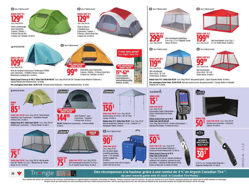 Circulaire Canadian Tire - Page 30. La page présente une variété d'équipements de camping et d'extérieur. En haut, une tente autoportante Outbound pour 4 personnes est à 129,99 $, et une tente Outbound pour 4 personnes avec 2 chambres est aussi à 129,99 $. Deux abris moustiquaires Outbound sont offerts : un modèle magnétique de 11 pi x 11 pi à 299,99 $ et un modèle de 12 pi x 12 pi à 199,99 $. Plus bas, une tente de camping Woods pour 2 personnes est à 109,99 $, et une tente dôme Outbound pour 6 personnes est à 99,99 $. Deux autres abris moustiquaires Outbound, de 10 pi x 10 pi, sont respectivement à 119,99 $ et 99,99 $. Une offre spéciale mentionne des rabais de 15 % à 62 % sur certains produits imperméabilisants. La page continue avec une tente Pinnacle Woods pour 4 personnes à 85 $, une tente Skydome Coleman pour 4 personnes à 144,99 $, et un abri de randonnée Coleman de 7 pi x 7 pi à 150 $. Un échosondeur Striker 4 Garmin bénéficie d'un rabais de 15 $, et une armoire pour accessoires Yukon Bear d'un rabais de 50 $. Enfin, un abri de jardin Woods Easy Up de 12 pi x 12 pi est à 75 $, un abri moustiquaire instantané Coleman de 15 pi x 15 pi est aussi à 75 $. Un ensemble de 3 valises rigides Outbound est à 90 $ de rabais, un couteau de poche pliant Outbound est à 50 % de rabais, et des couteaux pliants Kingsman sont offerts à 2 pour 30 $. Le bas de page promeut le programme de récompenses Triangle.