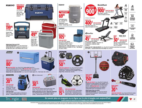 Circulaire Canadian Tire - Page 31. La page présente une variété d'articles de sport et de plein air. En haut à gauche, des glacières Igloo sont offertes : un modèle BDX de 68 L à 189,99 $, un modèle BDX de 23 L à 119,99 $, et un modèle de 30 L rouge ou gris à 49,99 $. D'autres glacières Igloo de 23 L, 40 L ou 49 L sont à partir de 105 $. Au centre, une cruche glacière Igloo grise de 19 L est à 69,99 $. Des tapis roulants sont en promotion : le NordicTrack T Series 10 avec un rabais allant jusqu'à 900 $, maintenant à 999,99 $, et le Pro-Form Carbon TLX avec un rabais de 400 $, maintenant à 599,99 $. Pour l'entraînement, un banc BowFlex réglable est offert avec un rabais de 45 $, maintenant à 209,99 $. Un tapis d'exercice Wa-Ke est à 29,99 $ après un rabais de 30 %. Plus bas, des glacières Coleman pliables ou à roulettes bénéficient d'un rabais allant jusqu'à 80 $. Par exemple, la glacière pliable Snap 'N Go est à 119,99 $. Des haltères hexagonales Ziva ou des disques de poids sont offerts avec un rabais allant jusqu'à 50 %. Un système de basketball en acrylique RapidLock Twist Spalding est en rabais jusqu'à 150 $, maintenant à 399,99 $. Certains bâtons et gants Rawlings sont en rabais jusqu'à 20 %. Pour le plein air, un sac à dos Titan de 24 canettes est en rabais de 20 %. Un sac de pique-nique Outbound est en rabais de 30 %. Enfin, certains souliers de soccer Adidas sont en rabais jusqu'à 15 %.